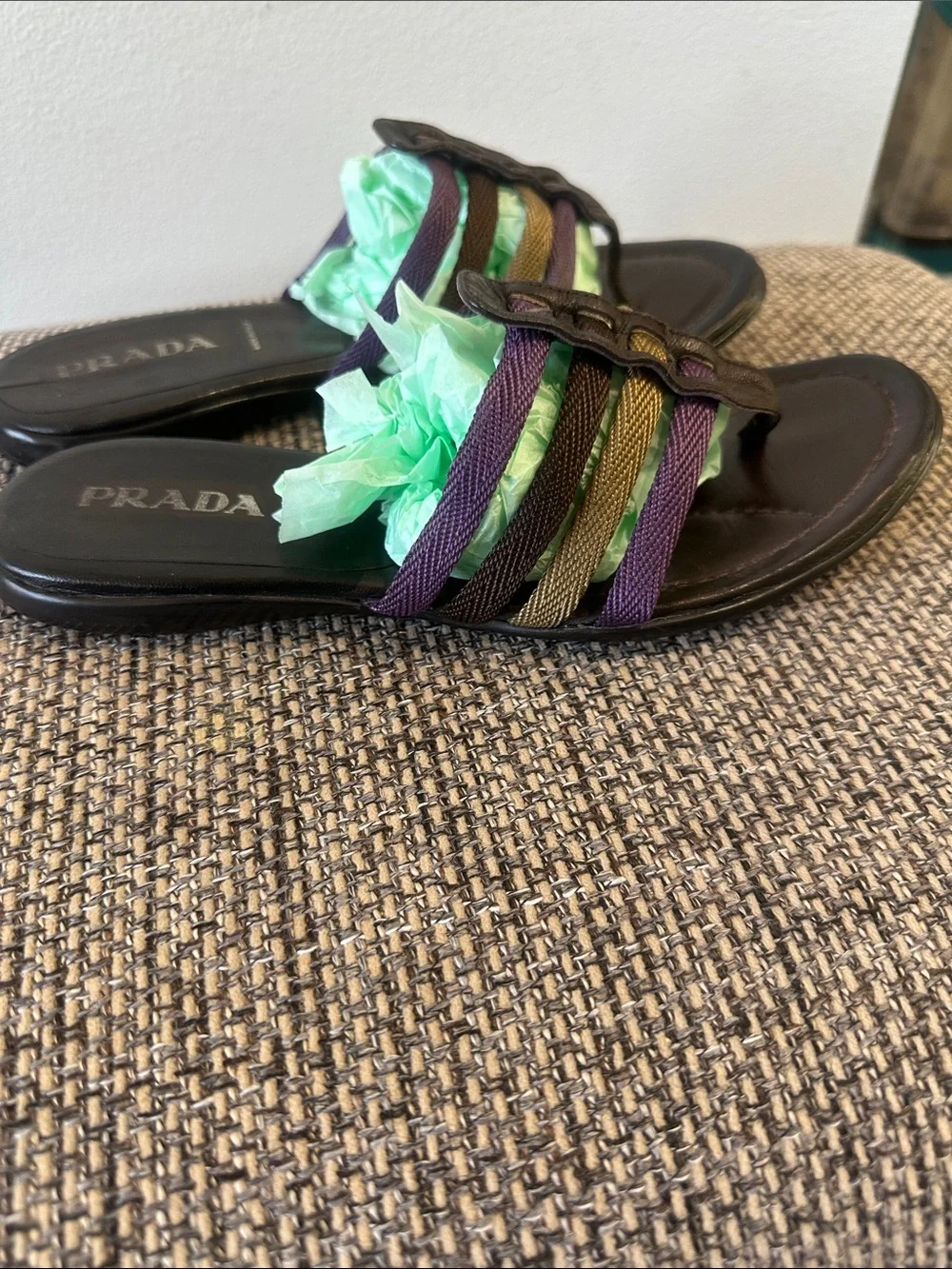 Vintage Prada Black Leather Multistrap Slide Sandals Purple and Gold Rope Straps
